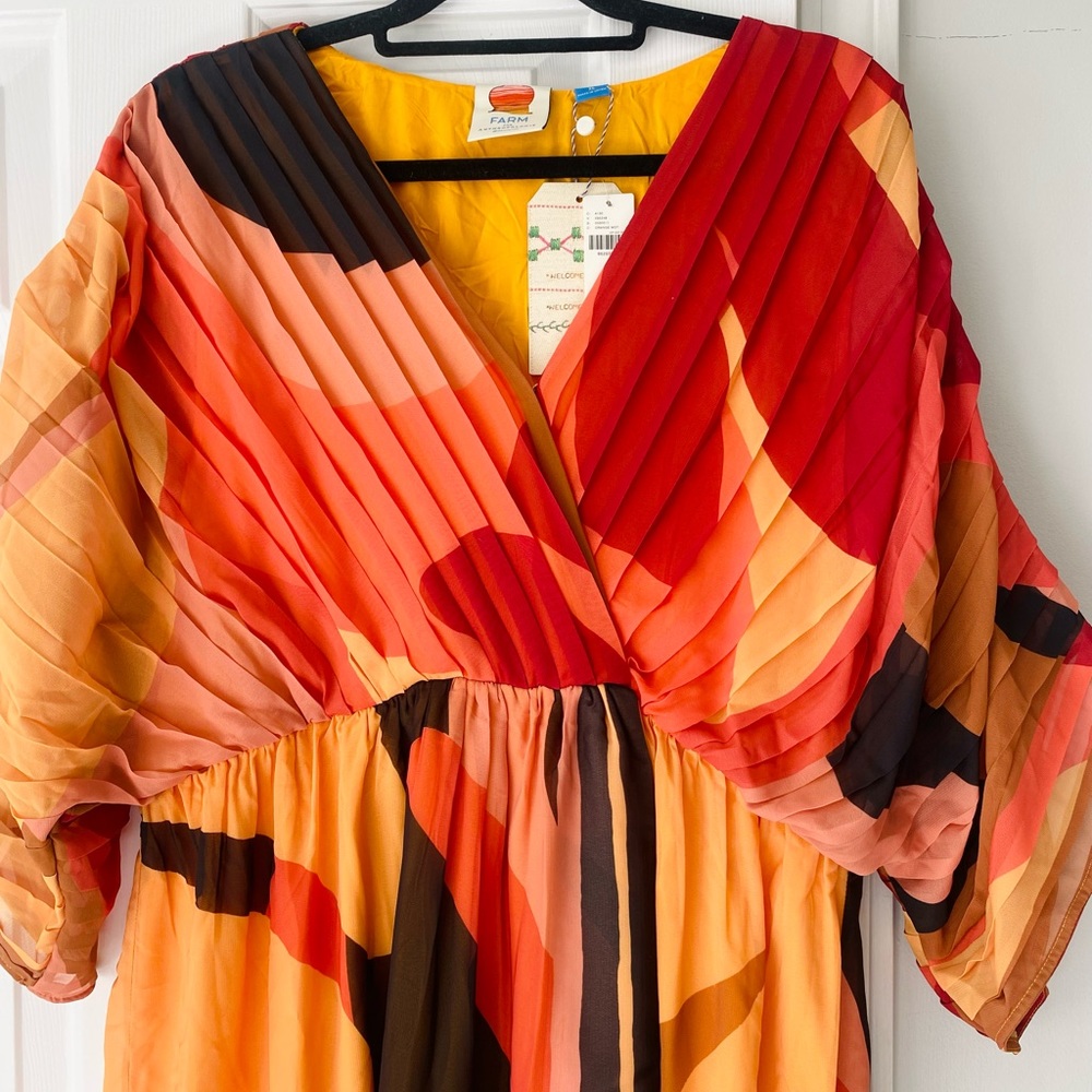 FARM Rio Red Orange & Yellow Abstract Pleated Maxi Dress - Picture 8 of 13